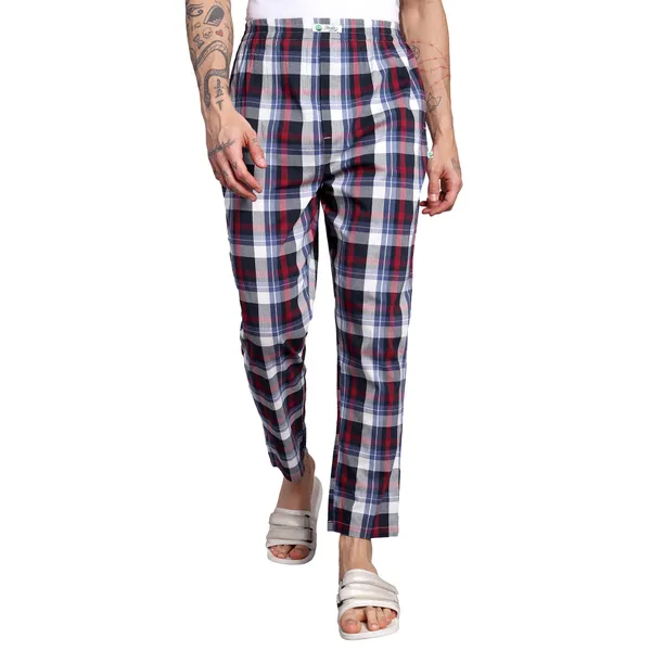 Men's_Plaid_Pure_Cotton_Pajama_Pants,_Navy_Blue_and_Red_Check_Pattern,_Elastic_Waist