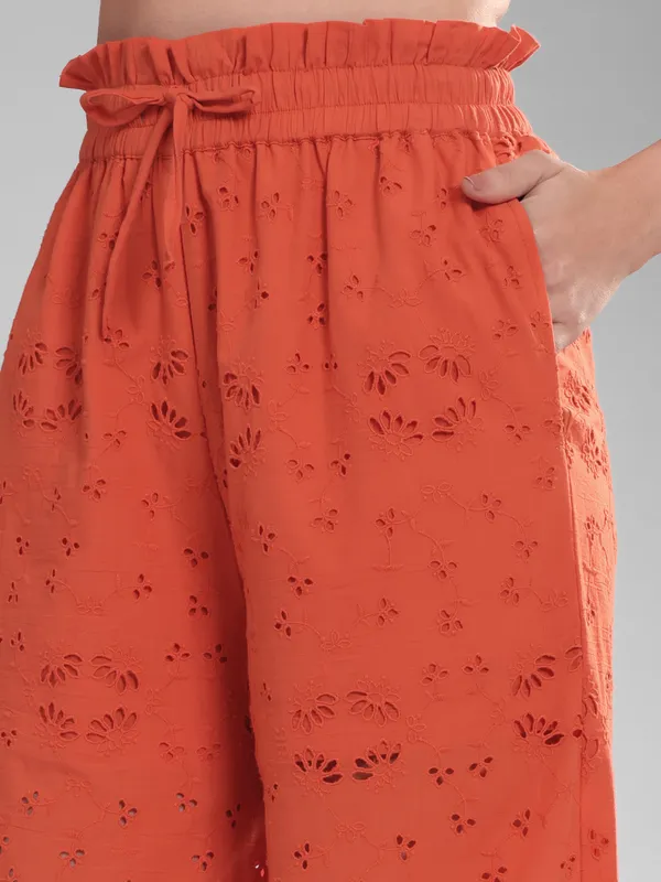 Women's_Eyelet_Schiffly_Embroidery_Wide_Leg_Pants,_Coral_Orange,_Paper_Bag_Waist,_Cotton_Loungewear,_High_Waisted_Palazzo_Style