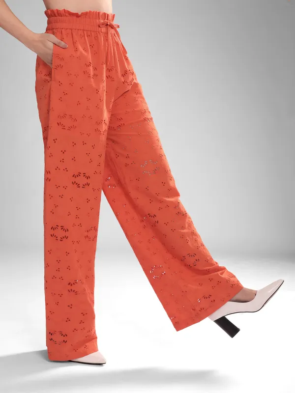 Women's_Eyelet_Schiffly_Embroidery_Wide_Leg_Pants,_Coral_Orange,_Paper_Bag_Waist,_Cotton_Loungewear,_High_Waisted_Palazzo_Style