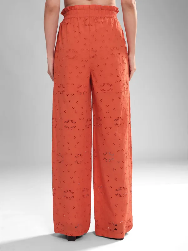 Women's_Eyelet_Schiffly_Embroidery_Wide_Leg_Pants,_Coral_Orange,_Paper_Bag_Waist,_Cotton_Loungewear,_High_Waisted_Palazzo_Style