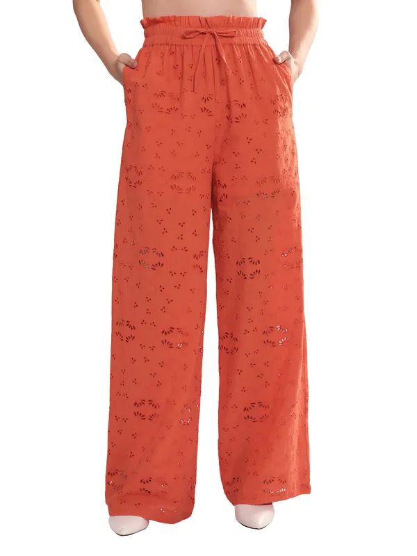 Women's_Eyelet_Schiffly_Embroidery_Wide_Leg_Pants,_Coral_Orange,_Paper_Bag_Waist,_Cotton_Loungewear,_High_Waisted_Palazzo_Style