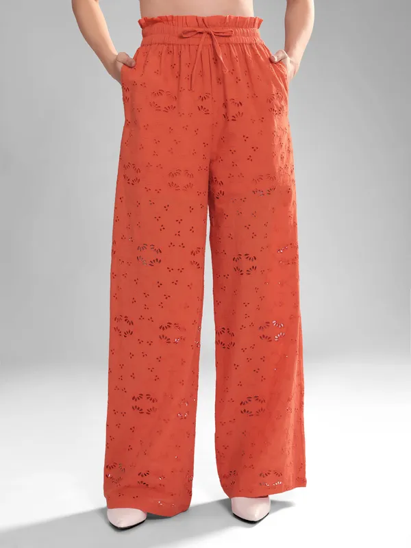 Women's_Eyelet_Schiffly_Embroidery_Wide_Leg_Pants,_Coral_Orange,_Paper_Bag_Waist,_Cotton_Loungewear,_High_Waisted_Palazzo_Style
