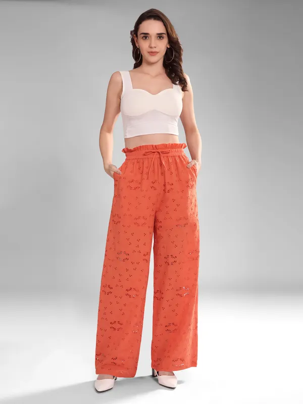 Women's_Eyelet_Schiffly_Embroidery_Wide_Leg_Pants,_Coral_Orange,_Paper_Bag_Waist,_Cotton_Loungewear,_High_Waisted_Palazzo_Style