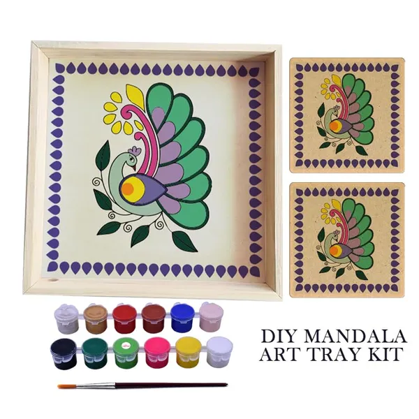 Wooden_Brown_Non-Customizable_Diy_Mandala_Peacock_Art_Kit_Premarked_Square_Pinewood_Tray_With_2_Coasters_(8_X8_X1.5_In)