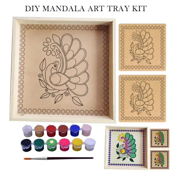 Wooden_Brown_Non-Customizable_Diy_Mandala_Peacock_Art_Kit_Premarked_Square_Pinewood_Tray_With_2_Coasters_(8_X8_X1.5_In)