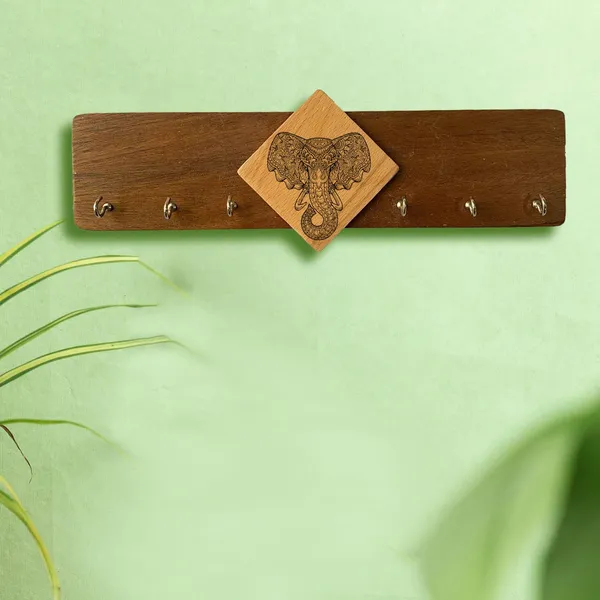 Brown_Non-Customizable_Gajraj_Engraved_Key_Holder_With_Wall_Mounted_Wooden_Key_Rack