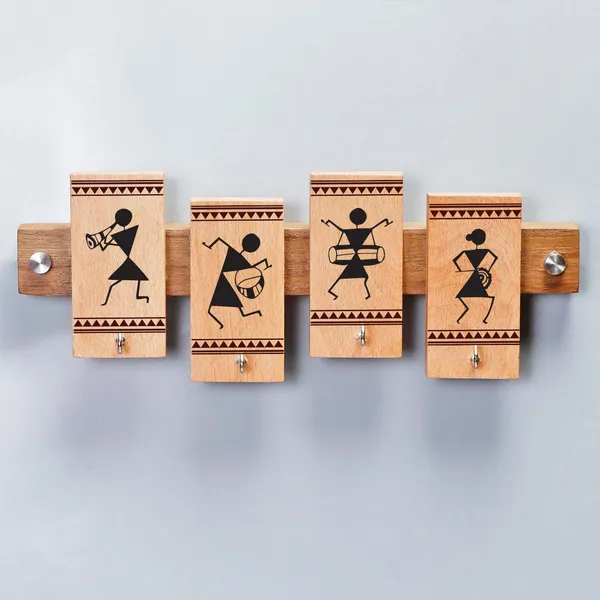 Brown_Non-Customizable_Warli_Design_Key_Organizer_With_Multiple_Hooks_&_Durable_Material,_(Wall_Mounted)