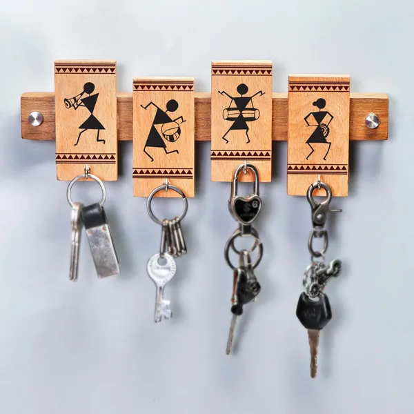Brown_Non-Customizable_Warli_Design_Key_Organizer_With_Multiple_Hooks_&_Durable_Material,_(Wall_Mounted)