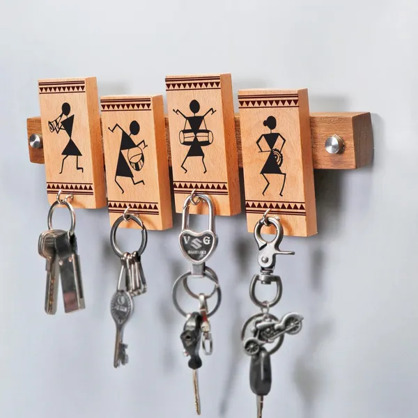 Brown_Non-Customizable_Warli_Design_Key_Organizer_With_Multiple_Hooks_&_Durable_Material,_(Wall_Mounted)