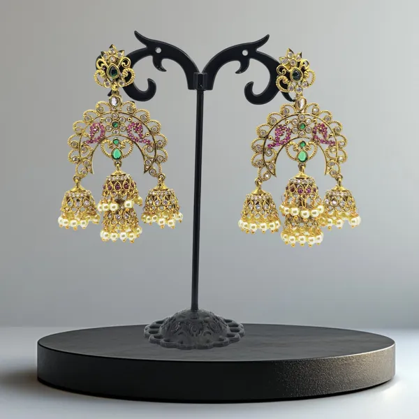 Triple_Jhumka_Peacock_Chandbali_Earrings