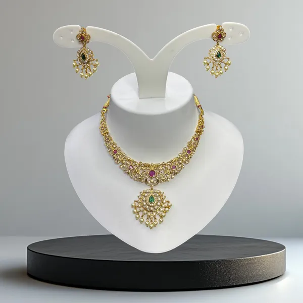 Matt_Gold_Antique_Green_Drop_Choker_Set_For_Women