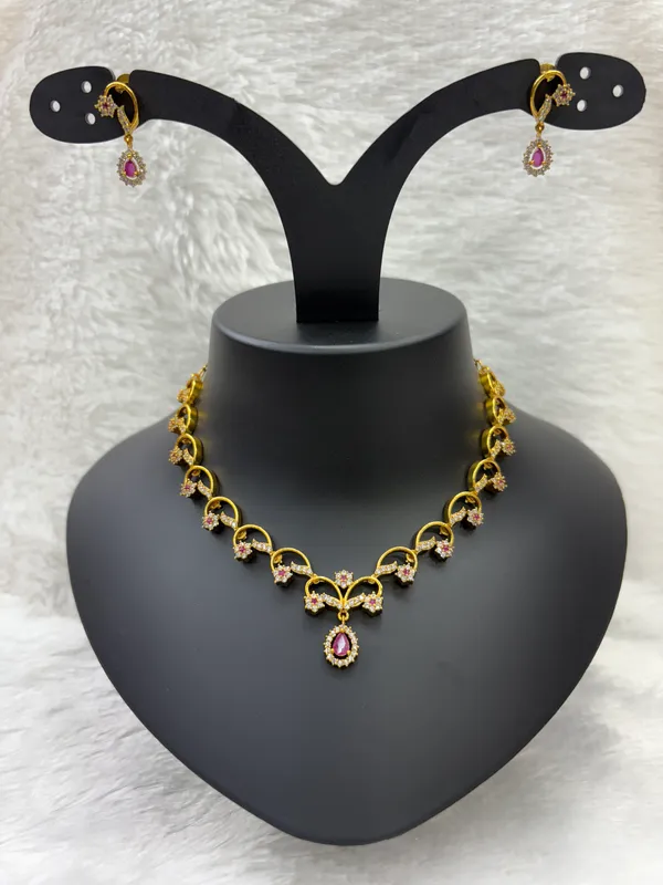 Matt_Gold_American_Diamond_Stone_Necklace_with_Earring_Set_For_Women