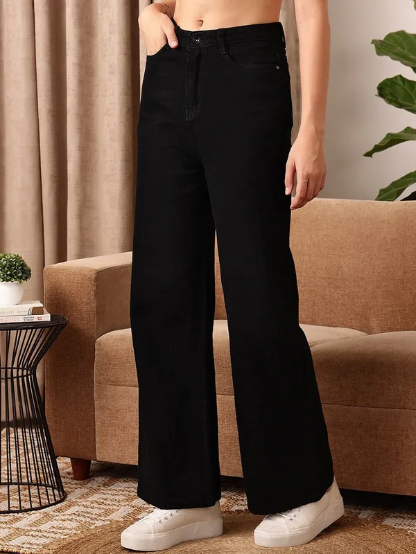 Black_Cotton_Blend_Flared_High_Rise_Jeans_For_Women
