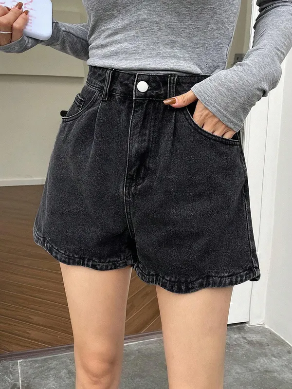 Black_Denim_High-Waisted_Washed_Shorts_For_Women
