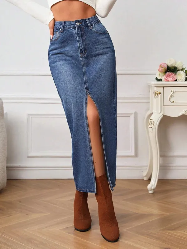 Blue_Cotton_Blend_Pencil_Cut_Casual_Skirt_For_Women