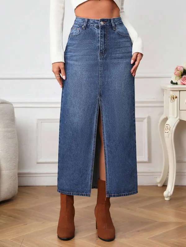 Blue_Cotton_Blend_Pencil_Cut_Casual_Skirt_For_Women