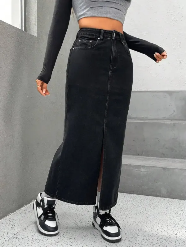 Black_Denim_Pencil_Cut_Casual_Skirt_For_Women