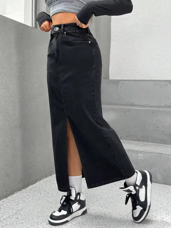 Black_Denim_Pencil_Cut_Casual_Skirt_For_Women