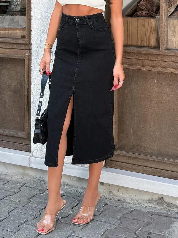 Black_Denim_Pencil_Cut_Casual_Skirt_For_Women