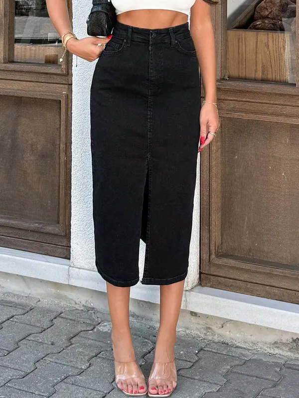 Black_Denim_Pencil_Cut_Casual_Skirt_For_Women
