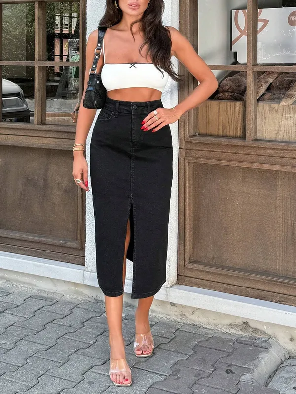 Black_Denim_Pencil_Cut_Casual_Skirt_For_Women