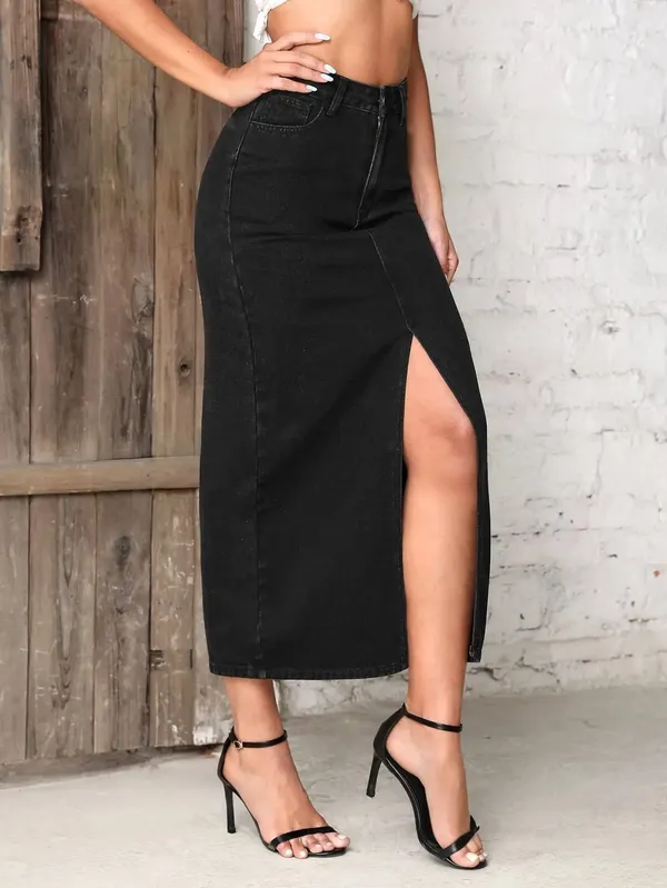 Black_Cotton_Blend_Pencil_Cut_Casual_Skirt_For_Women