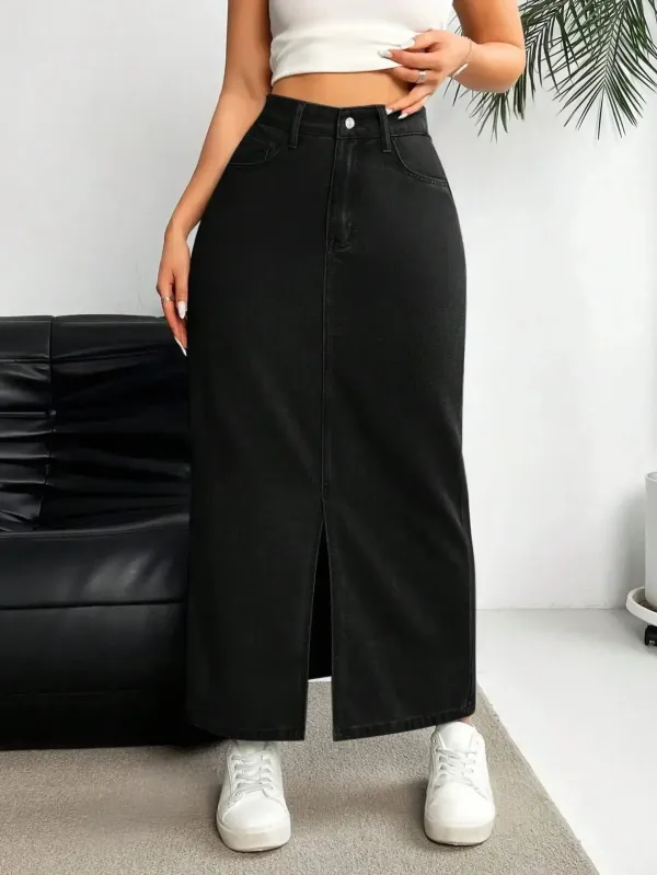 Black_Denim_Pencil_Cut_Casual_Skirt_For_Women