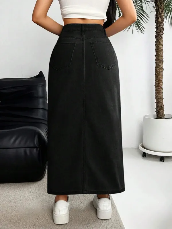 Black_Denim_Pencil_Cut_Casual_Skirt_For_Women