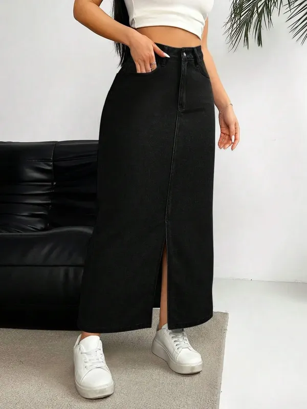 Black_Denim_Pencil_Cut_Casual_Skirt_For_Women