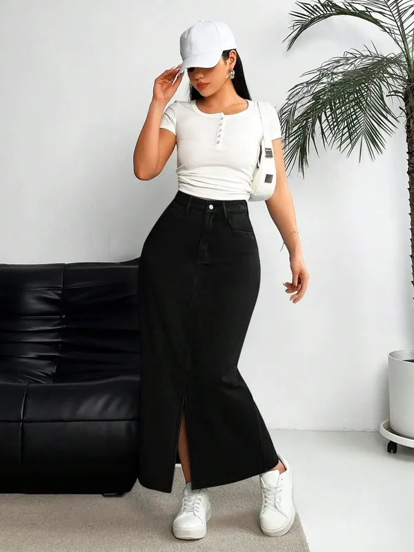 Black_Denim_Pencil_Cut_Casual_Skirt_For_Women