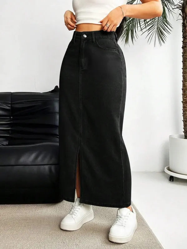 Black_Denim_Pencil_Cut_Casual_Skirt_For_Women