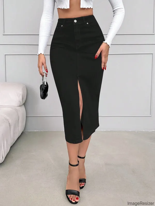 Black_Cotton_Blend_Pencil_Cut_Casual_Skirt_For_Women