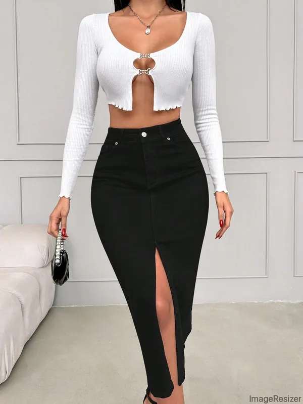 Black_Cotton_Blend_Pencil_Cut_Casual_Skirt_For_Women