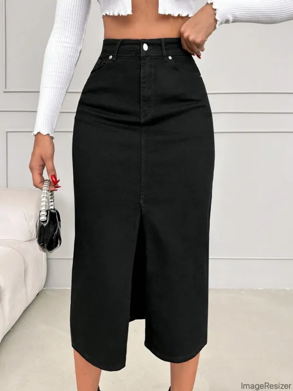 Black_Cotton_Blend_Pencil_Cut_Casual_Skirt_For_Women