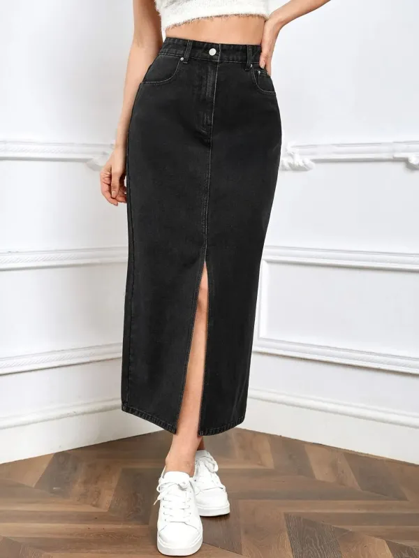 Black_Denim_Pencil_Cut_Casual_Skirt_For_Women