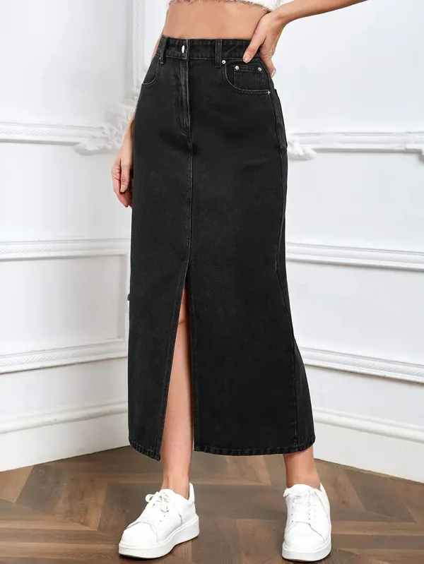 Black_Denim_Pencil_Cut_Casual_Skirt_For_Women