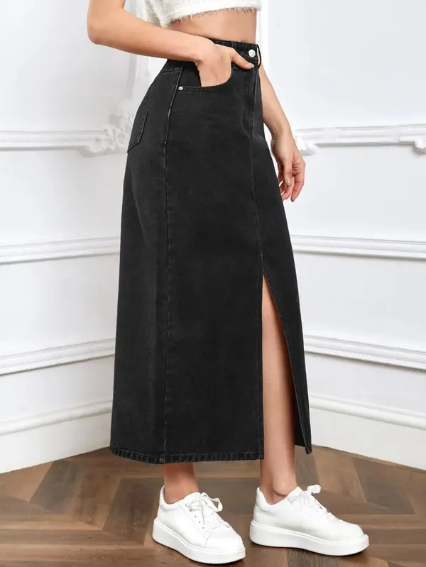 Black_Denim_Pencil_Cut_Casual_Skirt_For_Women