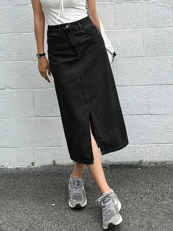 Black_Denim_Pencil_Cut_Casual_Skirt_For_Women