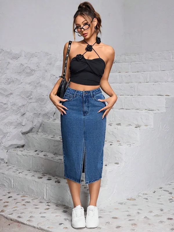 Light_Blue_Denim_Pencil_Cut_Casual_Skirt_For_Women