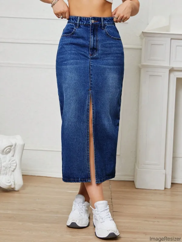 Blue_Cotton_Blend_Pencil_Cut_Casual_Skirt_For_Women