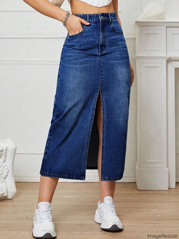 Blue_Cotton_Blend_Pencil_Cut_Casual_Skirt_For_Women