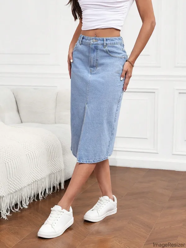 Blue_Cotton_Blend_Pencil_Cut_Casual_Skirt_For_Women