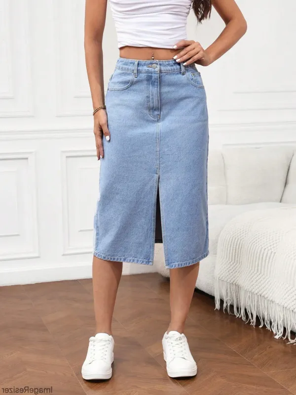 Light_Blue_Denim_Pencil_Cut_Casual_Skirt_For_Women