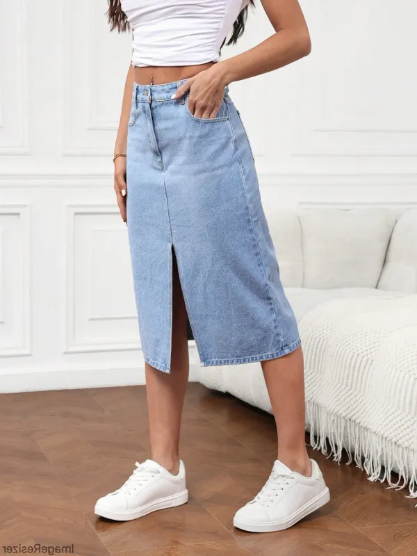 Light_Blue_Denim_Pencil_Cut_Casual_Skirt_For_Women