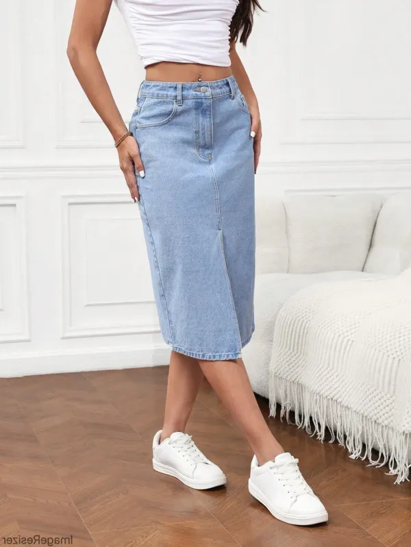 Light_Blue_Denim_Pencil_Cut_Casual_Skirt_For_Women