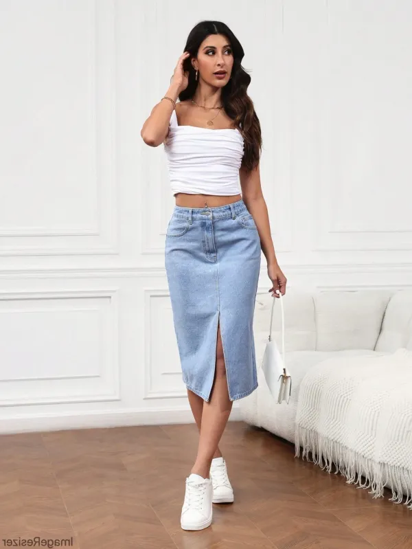Light_Blue_Denim_Pencil_Cut_Casual_Skirt_For_Women