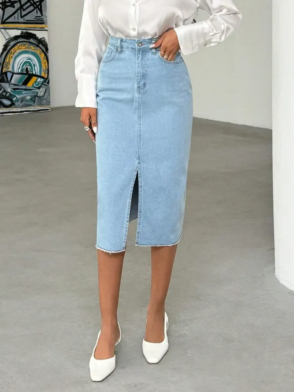 Blue_Cotton_Blend_Pencil_Cut_Casual_Skirt_For_Women