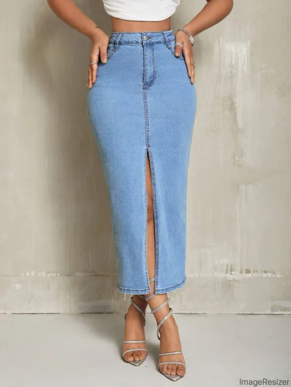 Blue_Cotton_Blend_Pencil_Cut_Casual_Skirt_For_Women