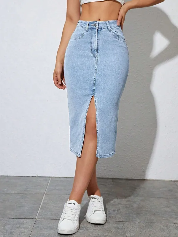 Light_Blue_Denim_Pencil_Cut_Casual_Skirt_For_Women