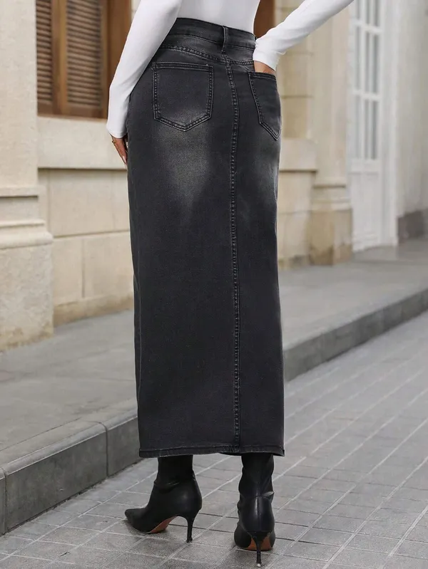 Black_Denim_Pencil_Cut_Casual_Skirt_For_Women